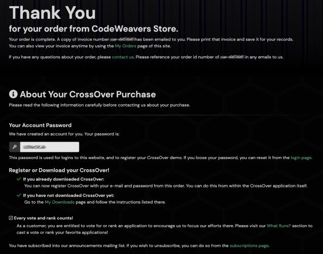 CodeWeavers CrossOver sikeres vásárlás. Kattintás a nagyobb mérethez!